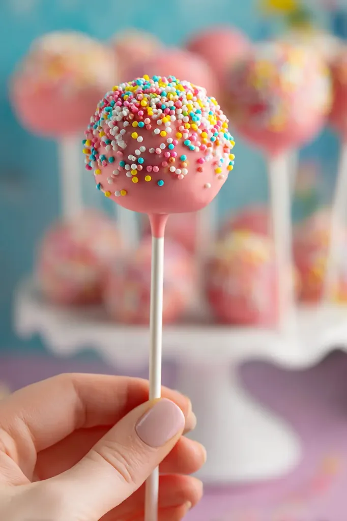 Starbucks cake pops on sticks with pink and white coating, inspired by classic Starbucks cake pops, perfect for easy birthday desserts and fun sweet treats.