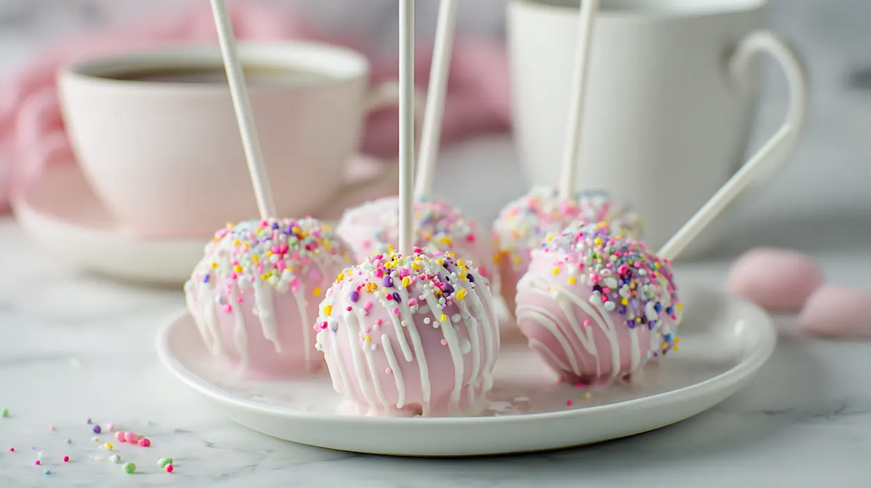 Homemade Starbucks-style cake pops with pink and white coating and rainbow sprinkles on a white plate