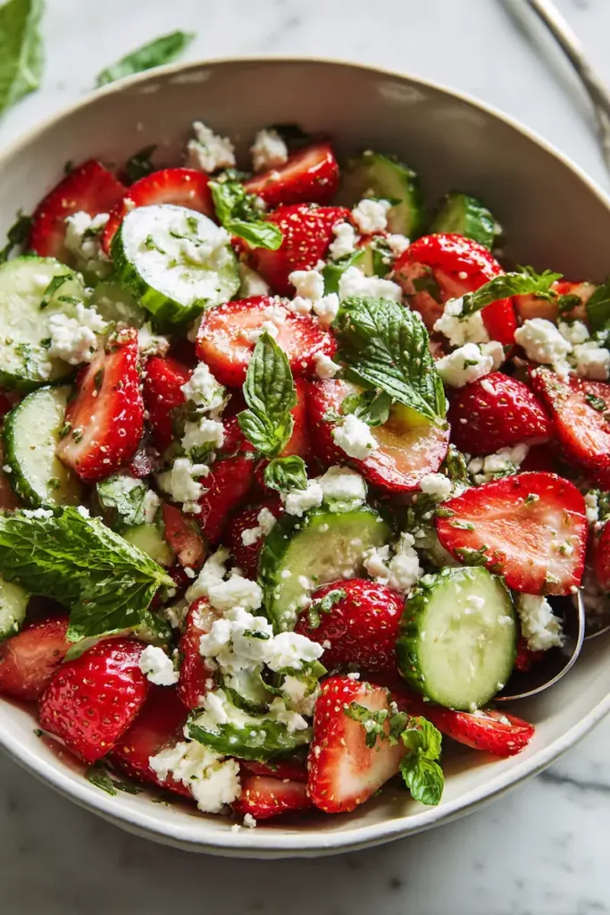 Strawberry cucumber salad with feta cheese served in a white ceramic bowl on a marble countertop