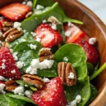 Fresh strawberry spinach salad with feta, pecans, and balsamic poppy seed dressing in a white bowl