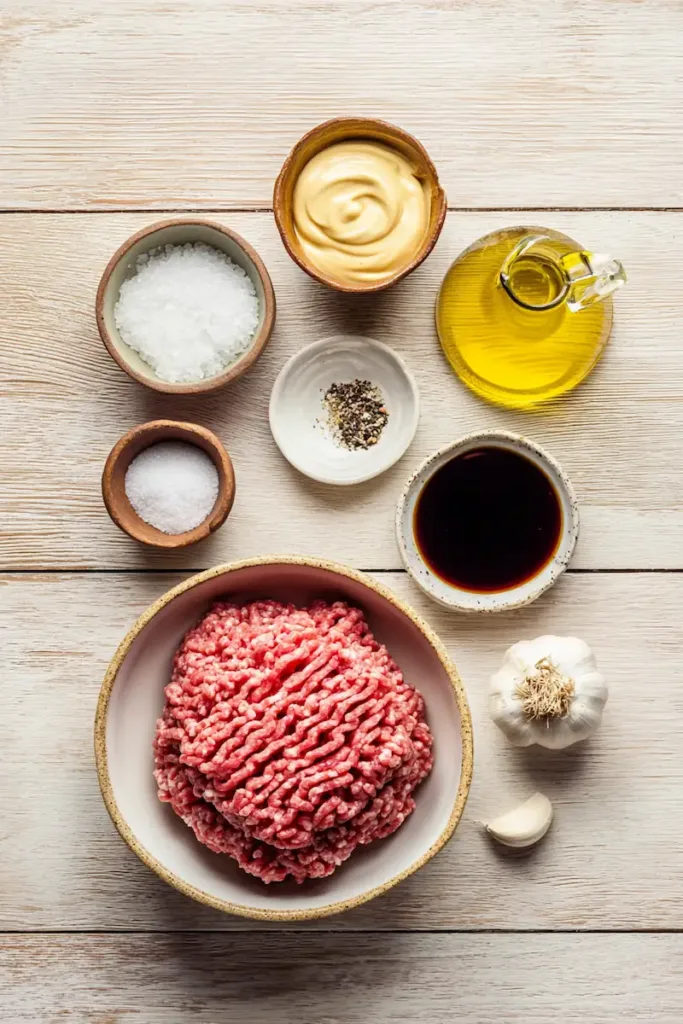 Juicy & Healthy Turkey Burger Patties (Easy Stovetop Recipe) 3 Ingredients for healthy turkey burger patties including ground turkey, Dijon mustard, mayonnaise, garlic, and seasonings.