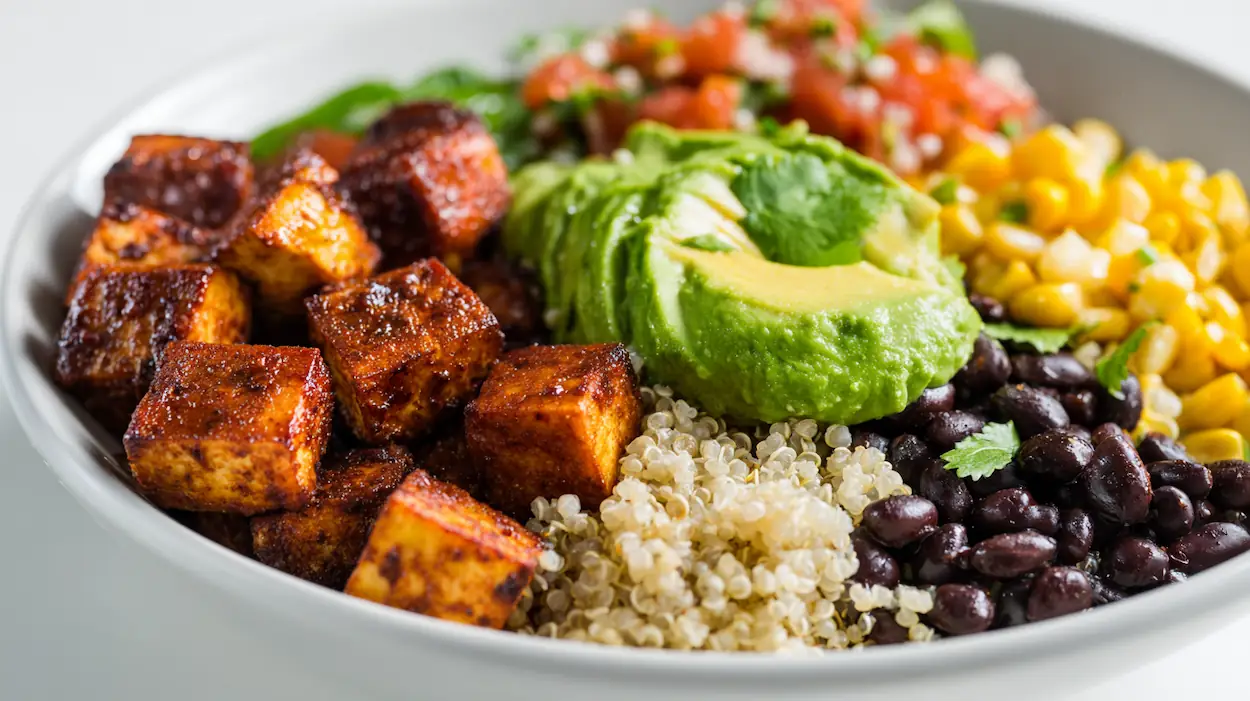 A colorful vegan high protein burrito bowl filled with crispy tofu, quinoa, black beans, corn, avocado, tomatoes, and lime wedges on a white plate in bright natural light.