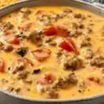 Creamy Velveeta queso dip with Rotel tomatoes and sausage served warm in a white bowl with tortilla chips.
