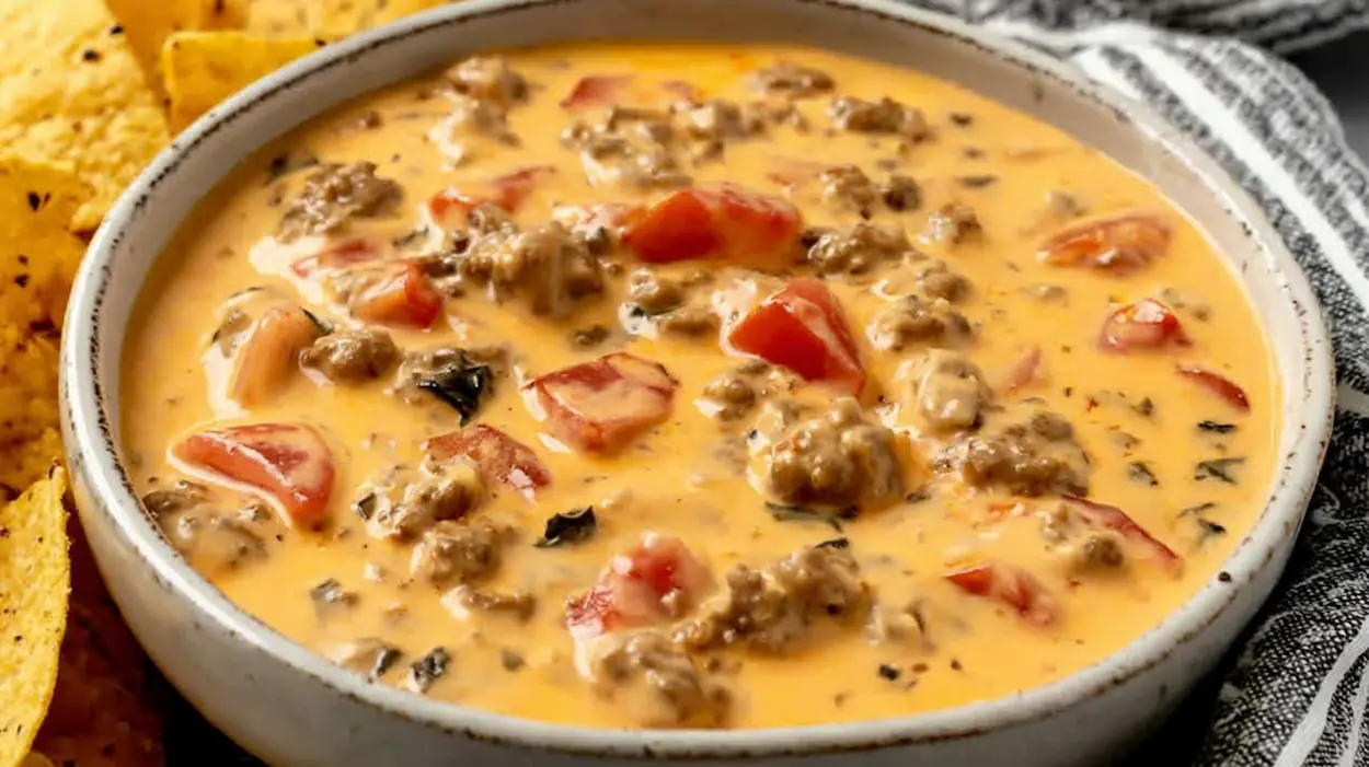Creamy Velveeta queso dip with Rotel tomatoes and sausage served warm in a white bowl with tortilla chips.