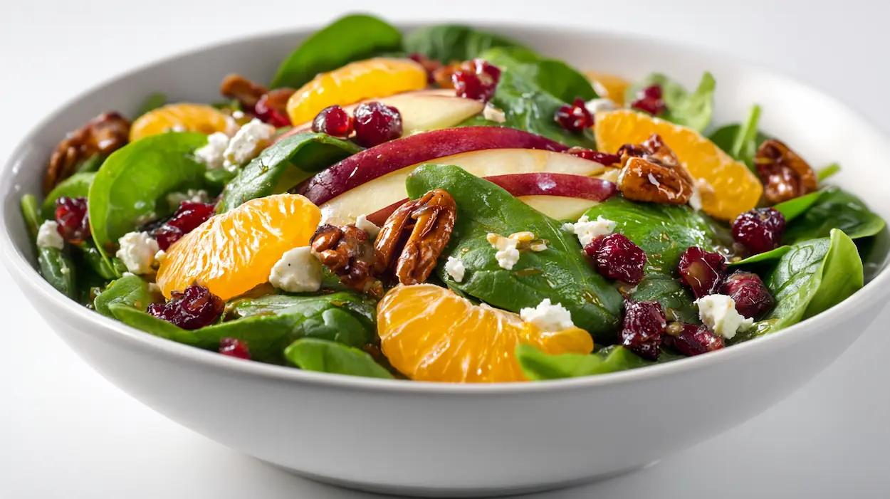 Winter salad with mandarin orange segments and honey mustard dressing on white background