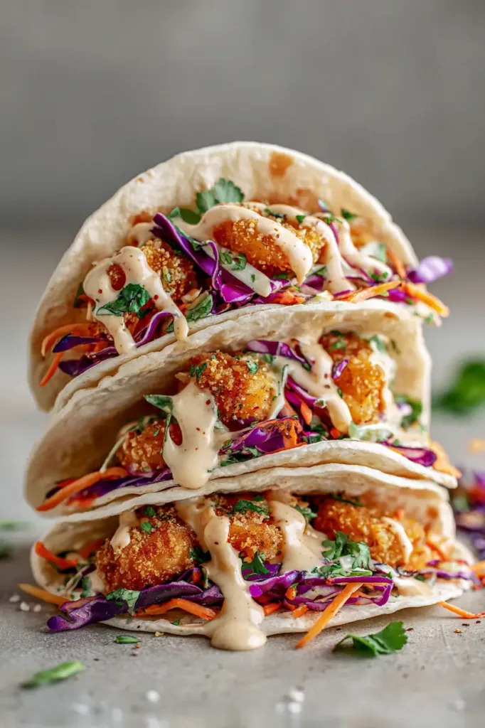 Bang bang shrimp tacos with crispy shrimp, creamy sauce, and fresh slaw on soft tortillas
