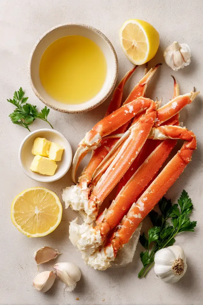 Ingredients for cooking snow crab legs including crab legs, butter, lemon, and garlic