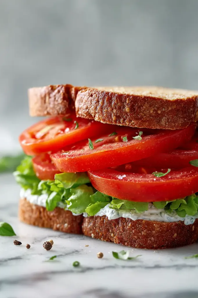 Tall stack of fresh tomato sandwich halves with cream cheese and basil leaves in bright natural light.