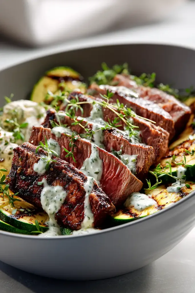 grilled marinated steak bowl with grilled zucchini and creamy sauce, healthy high-protein dinner
