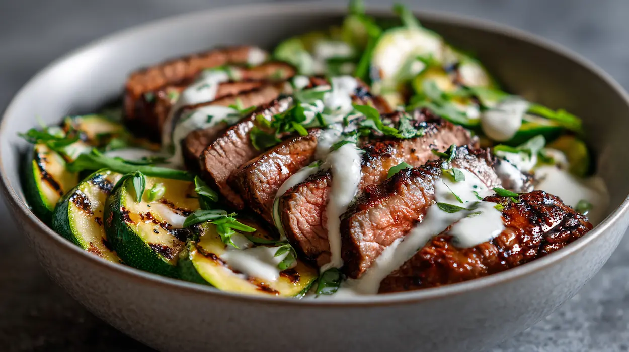 grilled marinated steak bowl with grilled zucchini and creamy sauce, healthy high-protein dinner