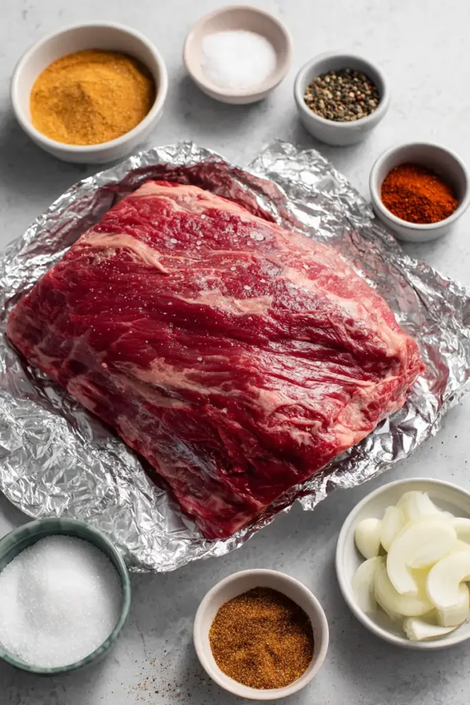 Raw beef brisket with spices and seasonings arranged for an easy oven baked beef brisket recipe