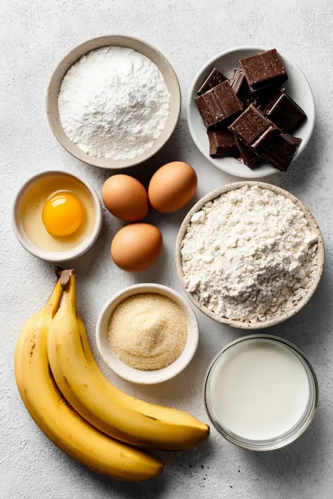 Chocolate Chunk Banana Muffins (Easy, Moist & Bakery-Style) 3 Flat lay of ingredients for chocolate chunk banana muffins including ripe bananas, flour, eggs, sugar, and chocolate chunks on a light countertop