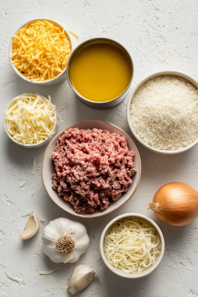 Easy Hamburger Rice Casserole (Cheesy, Budget-Friendly Comfort Food) 3 Ingredients for hamburger rice casserole including ground beef, uncooked rice, shredded cheese, onion, garlic, and cream of mushroom soup arranged on a countertop.