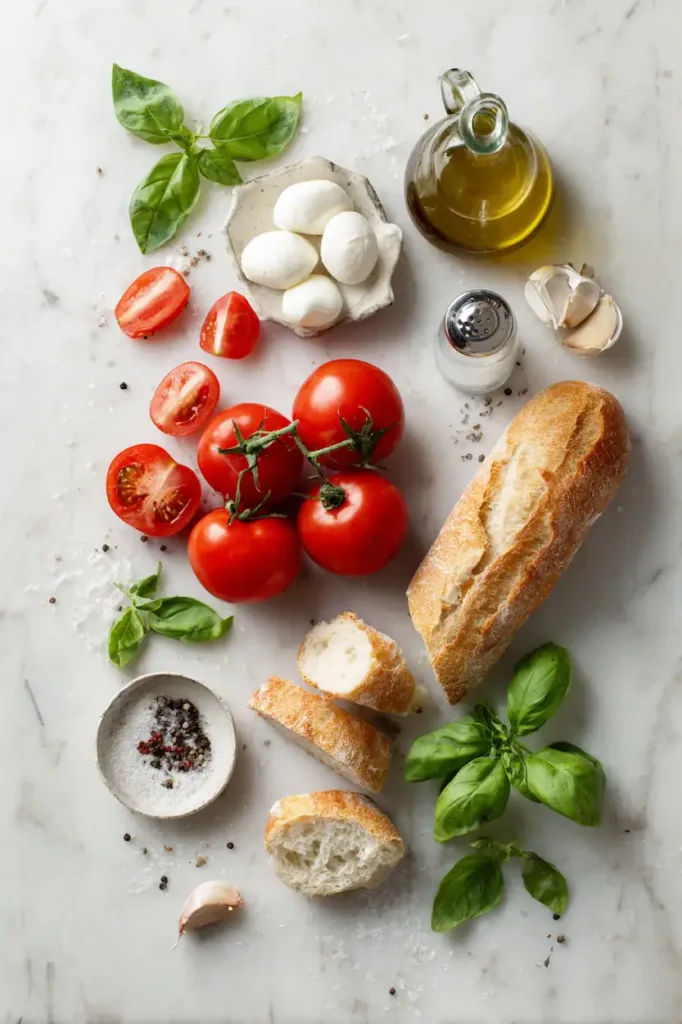 Easy Bruschetta Recipe with Fresh Tomatoes and Mozzarella (Perfect Party Finger Food) 3 Ingredients for bruschetta recipe including fresh tomatoes, mozzarella, basil, garlic, olive oil, and bread.