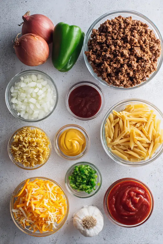 Flat lay of sloppy joe casserole ingredients: ground beef, onion, bell pepper, tomato sauce, ketchup, mustard, shredded cheddar cheese, pasta, garlic, spices, arranged neatly on a light surface, bright natural light, minimal props, no text, no brands