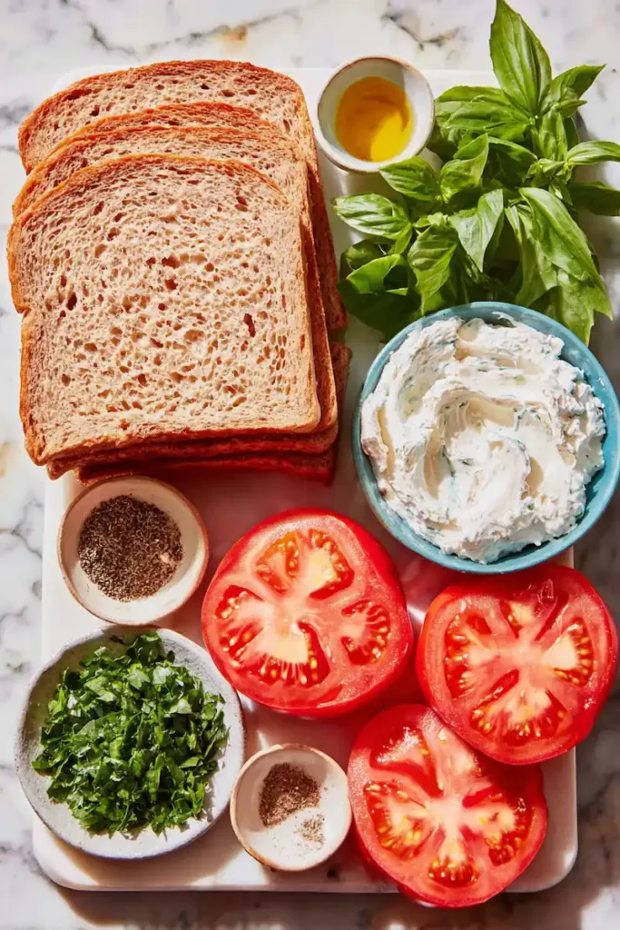 Flatlay of tomatoes, bread, cream cheese, herbs, olive oil, lemon, mayo, salt, and pepper on a marble board.
