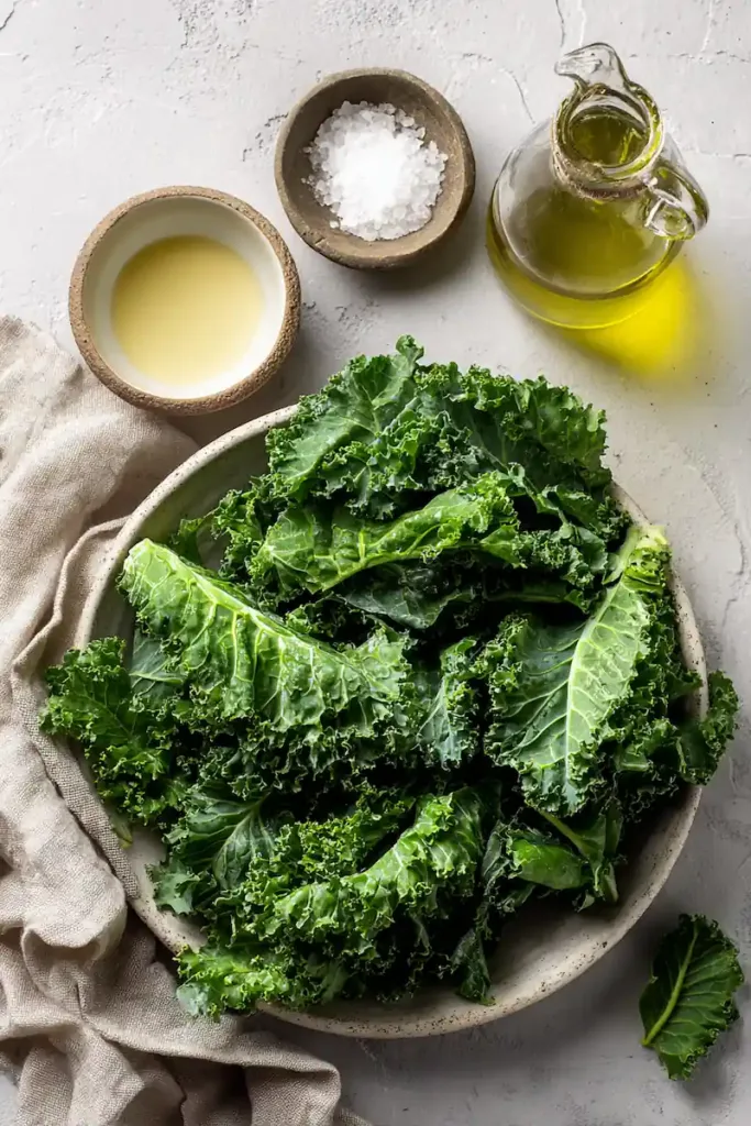 Ingredients for salt and vinegar kale chips including fresh kale leaves, apple cider vinegar, sea salt, and olive oil arranged on a clean surface