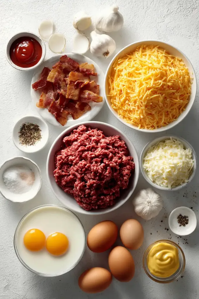 Ingredients for bacon cheeseburger casserole including ground beef, shredded cheddar cheese, cooked bacon, eggs, cream, and seasonings
