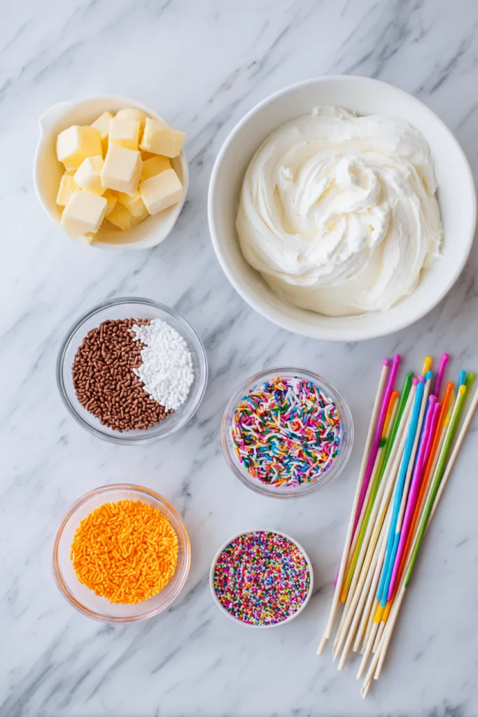 Top-down view of ingredients for cake pops including cake crumbs, frosting, candy melts, sprinkles, and sticks