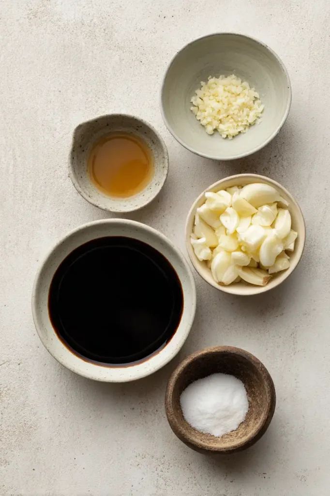 Ingredients for dark honey garlic sauce including soy sauce, honey, minced garlic, vinegar, and cornstarch on a neutral background