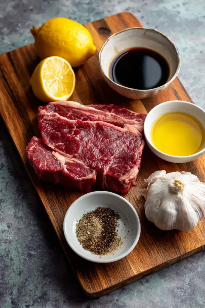 ingredients for grilled marinated steak including steak garlic lemon olive oil and soy sauce