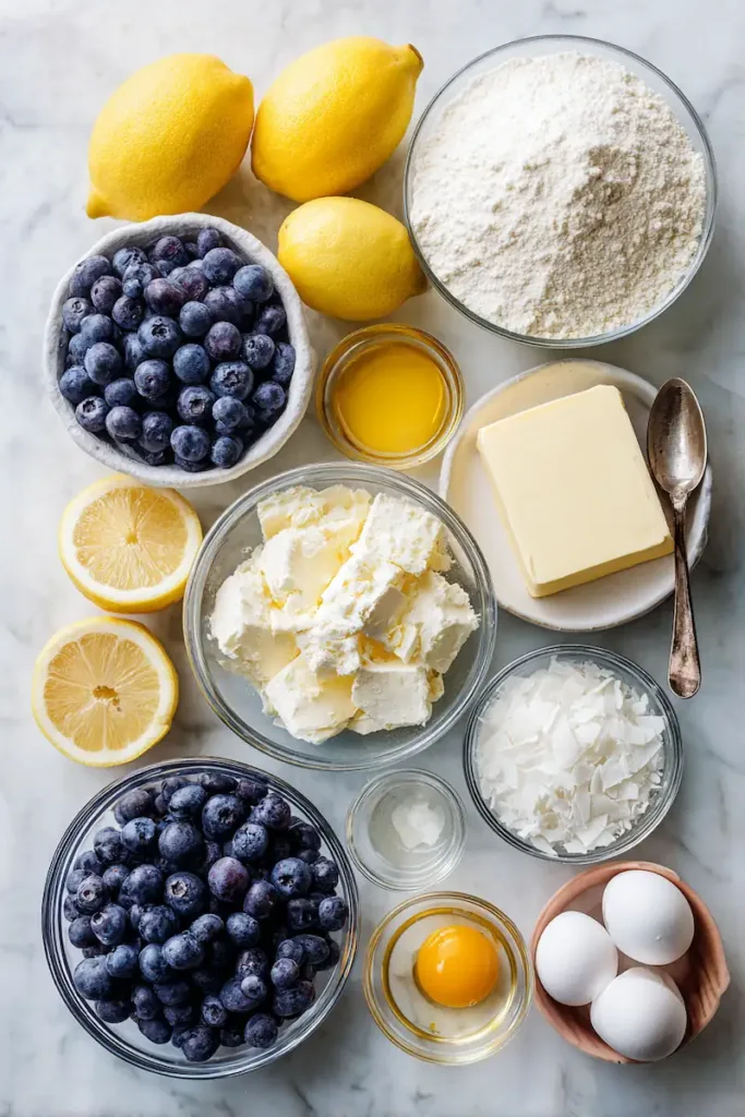 Ingredients for keto blueberry lemon cheesecake bars including almond flour, cream cheese, blueberries, lemons, butter, coconut flakes, and keto sweetener.