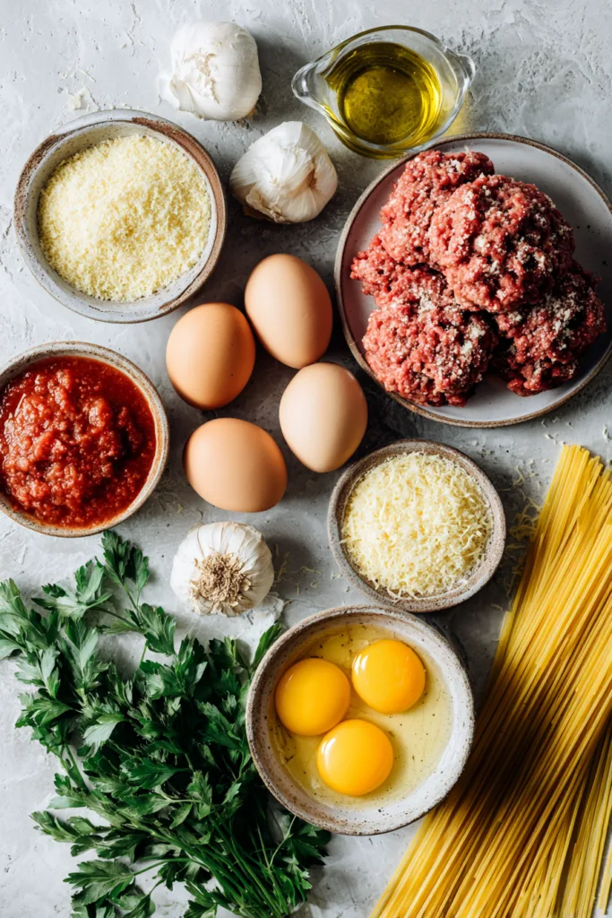 Ingredients for spaghetti and meatballs including ground beef, spaghetti pasta, garlic, eggs, breadcrumbs, parmesan cheese, and tomato sauce