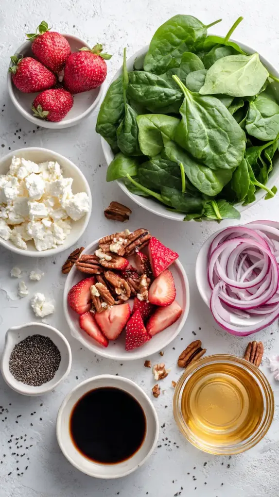 Ingredients for strawberry spinach salad including spinach, strawberries, feta, pecans, and balsamic dressing