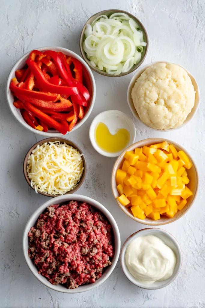 John Wayne Casserole (Easy, Cheesy, Crowd-Pleasing Comfort Food) 3 Slice of John Wayne casserole showing layers of biscuit base, seasoned ground beef, creamy sauce, and cheese