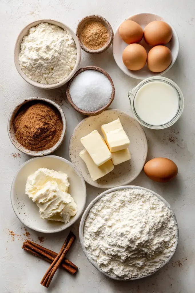 Easy Sourdough Cinnamon Rolls (Soft, Gooey & Made With Discard) 3 Ingredients for sourdough cinnamon rolls including sourdough discard, flour, butter, cinnamon, sugar, milk, and egg arranged on a light surface