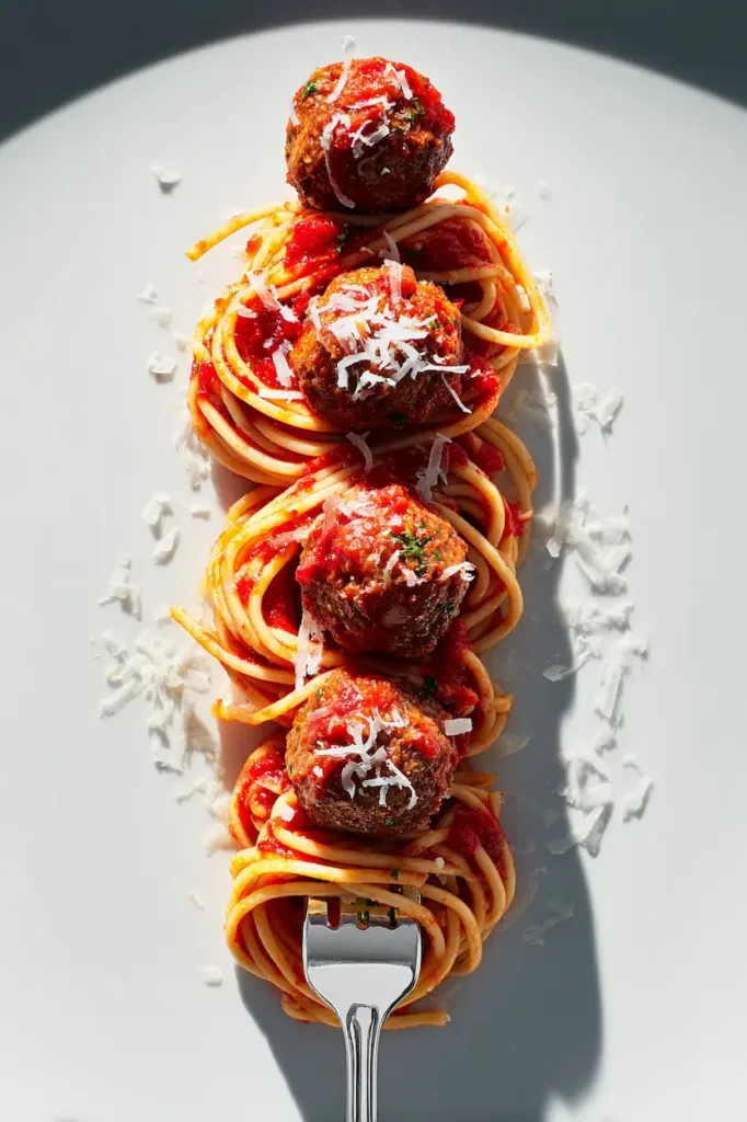 spaghetti and meatballs plated neatly, vibrant red sauce, tender meatballs, parmesan shavings, fork twirl of pasta