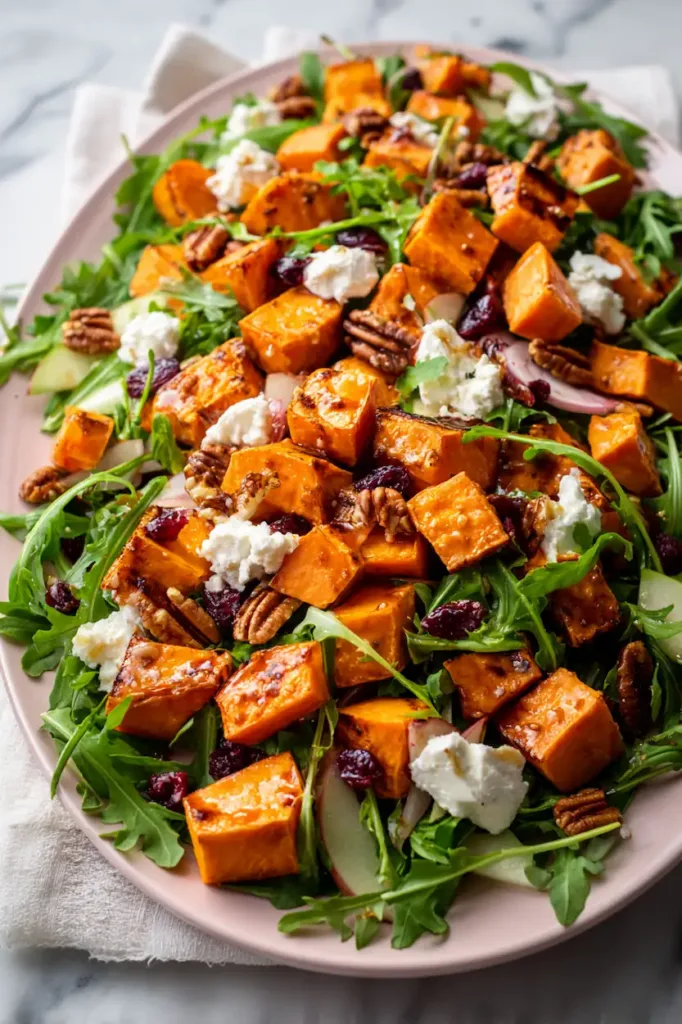 Roasted Sweet Potato Salad: The Ultimate Fall Sweet Potato Salad for Cozy Meals 2 Pinterest-style vertical image of cozy fall sweet potato salad with apples, goat cheese, and pecans on a pink plate