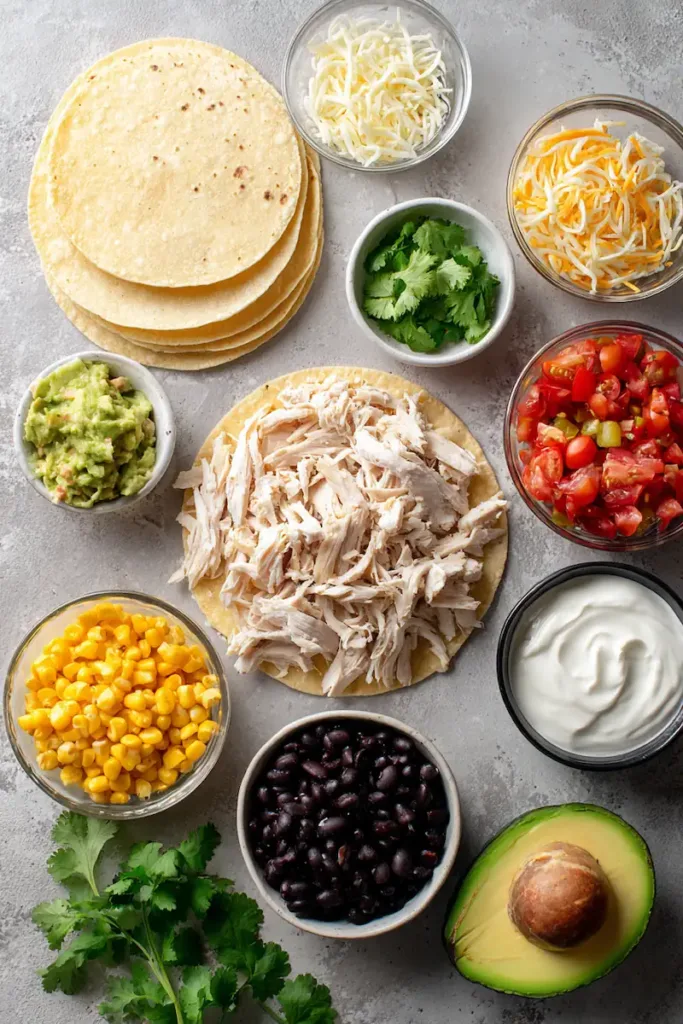 Flat lay of rotisserie chicken tostada ingredients including shredded chicken, corn tostada shells, black beans, corn, cheese, tomatoes, avocado, and cilantro