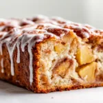 Amish Apple Fritter Bread (Easy Old-Fashioned Recipe) Amish apple fritter bread with cinnamon apples and vanilla glaze on a white kitchen countertop