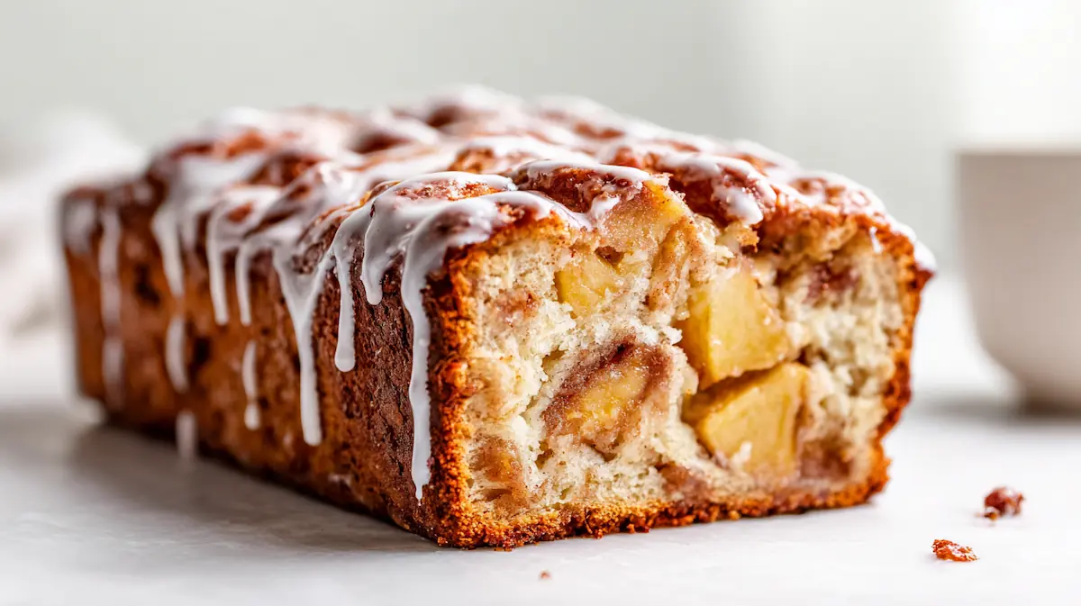 Amish apple fritter bread with cinnamon apples and vanilla glaze on a white kitchen countertop