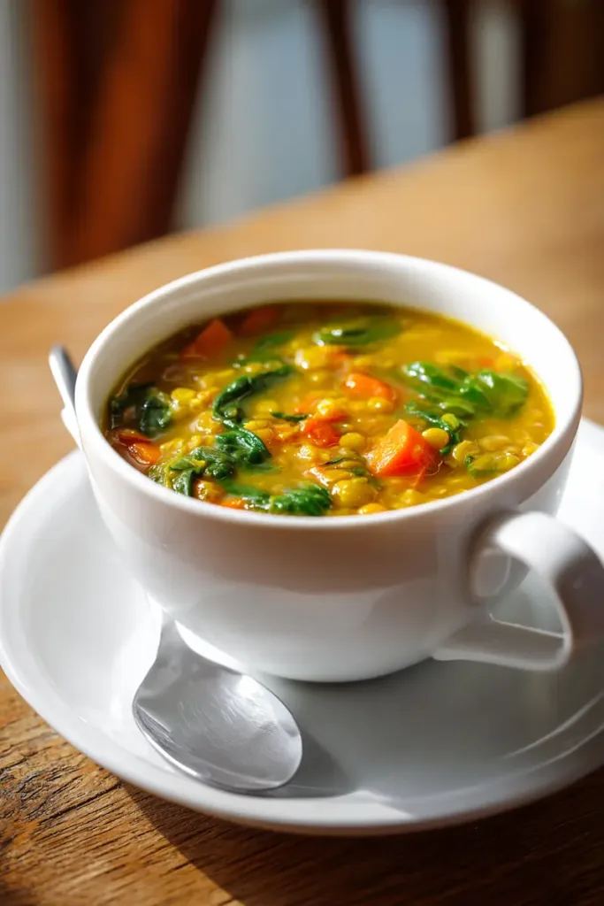 A bowl of anti-inflammatory hearty lentil vegetable soup with red lentils, carrots, spinach, and turmeric broth.