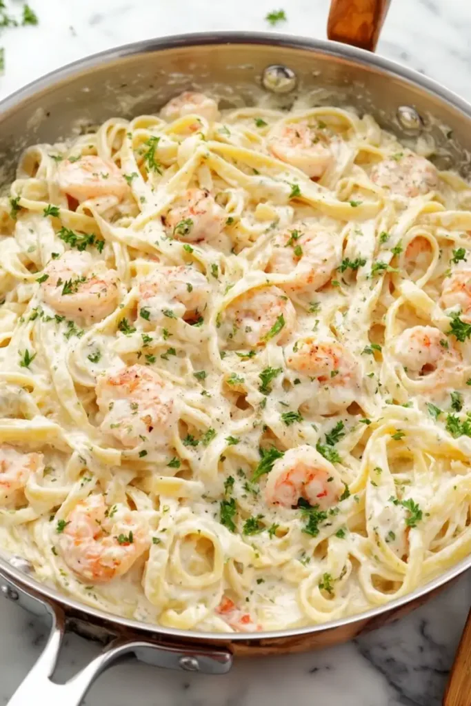 Easy Shrimp Alfredo Recipe (High-Protein, Family-Friendly Dinner) 2 Creamy shrimp alfredo recipe served with fettuccine pasta and parmesan cheese in a white bowl.