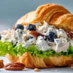 Blueberry pecan chicken salad served on a croissant with creamy chicken salad, fresh blueberries, and toasted pecans