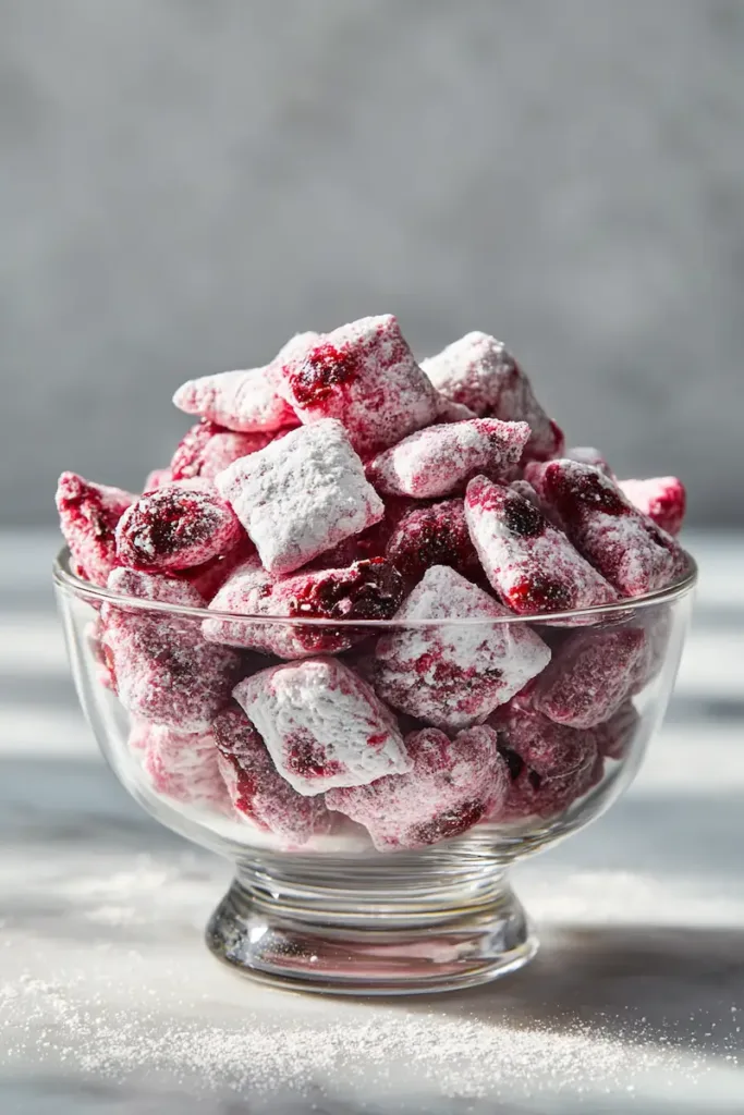 Cherry cheesecake puppy chow in a bowl coated with powdered sugar and cherry pieces