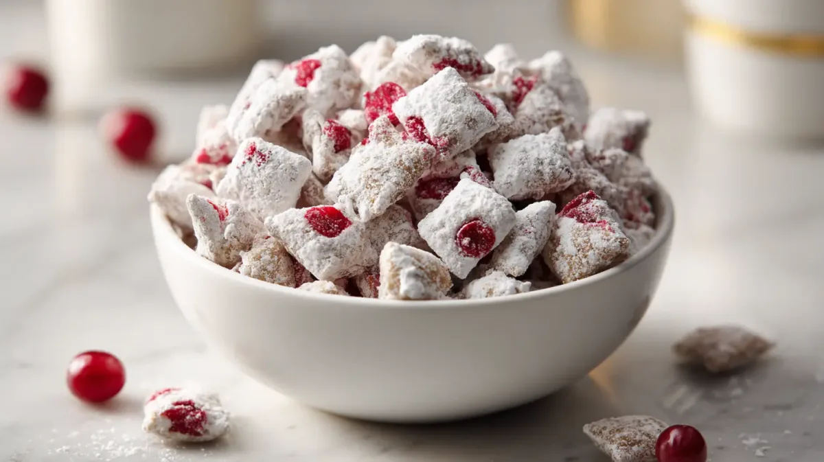 Cherry cheesecake puppy chow in a white bowl coated with powdered sugar and mixed with red cherry pieces on a bright kitchen countertop