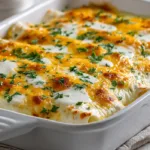 Baked chicken enchiladas with sour cream white sauce topped with melted golden cheese in a white casserole dish