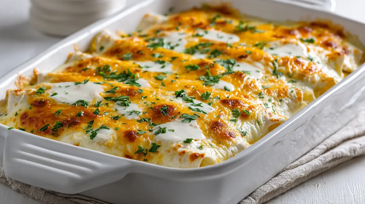 Baked chicken enchiladas with sour cream white sauce topped with melted golden cheese in a white casserole dish