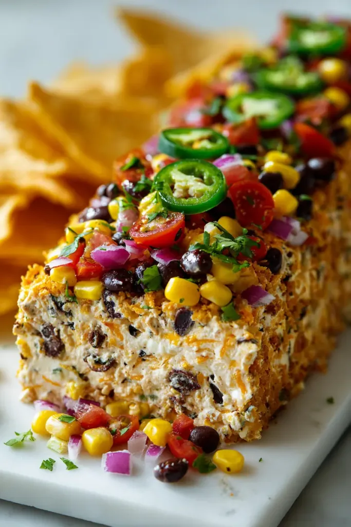 Cowboy Caviar Jalapeno Popper Cheese Log (Easy Party Appetizer) 2 Cowboy caviar jalapeno popper cheese log topped with corn, black beans, tomatoes, and cilantro on a white serving plate.