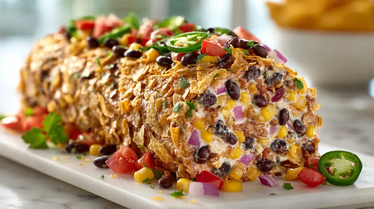 Cowboy Caviar Jalapeno Popper Cheese Log (Easy Party Appetizer) 1 Cowboy caviar jalapeno popper cheese log coated in crushed tortilla chips and topped with black beans, corn, tomatoes, red onion, and cilantro on a white serving platter.