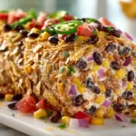 Cowboy caviar jalapeno popper cheese log coated in crushed tortilla chips and topped with black beans, corn, tomatoes, red onion, and cilantro on a white serving platter.