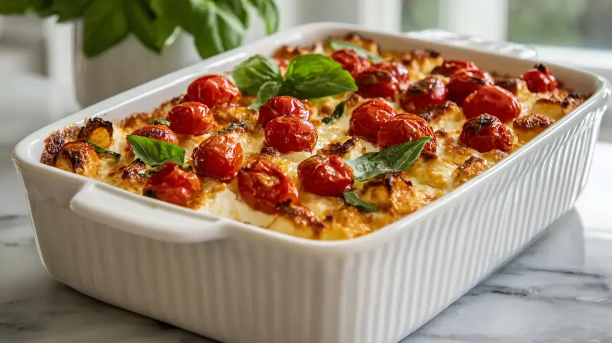 Creamy Baked Feta Tomato Pasta Recipe (Easy, Viral & High-Protein) 1 Creamy baked feta tomato pasta in a white baking dish with roasted cherry tomatoes, melted feta cheese, and fresh basil on top.