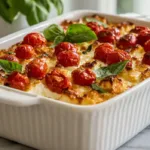 Creamy Baked Feta Tomato Pasta Recipe (Easy, Viral & High-Protein) Creamy baked feta tomato pasta in a white baking dish with roasted cherry tomatoes, melted feta cheese, and fresh basil on top.