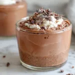 Creamy chocolate chia pudding in a glass jar topped with dairy-free whipped cream and chocolate shavings, high protein vegan pudding