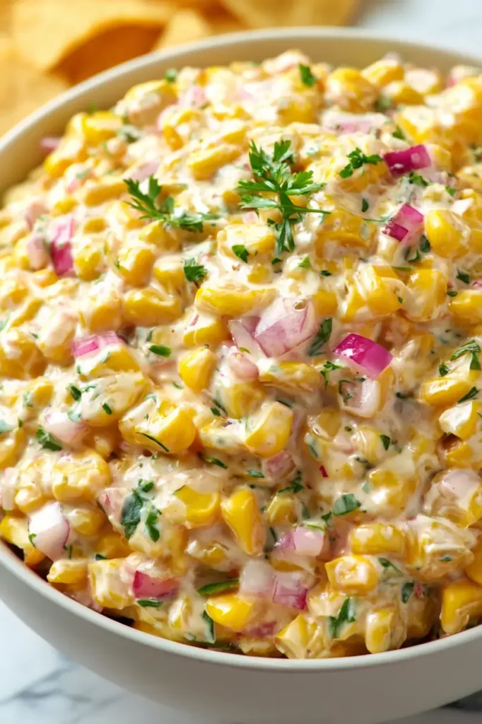 Easy Creamy Corn Salsa (Better Than Restaurant Style) 2 Creamy corn salsa with sour cream served as a dip with tortilla chips in a bowl