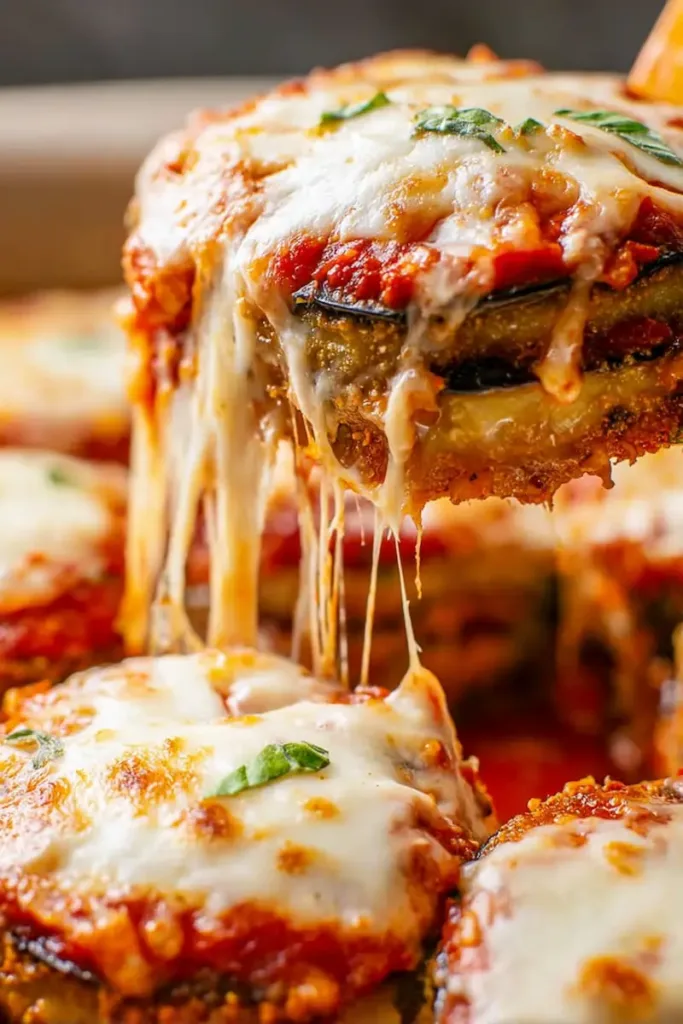 Crispy Baked Eggplant Parmesan Recipe (Authentic Italian Comfort Food Made Easy) 2 Crispy baked eggplant parmesan layered with tomato sauce and melted mozzarella, topped with fresh basil